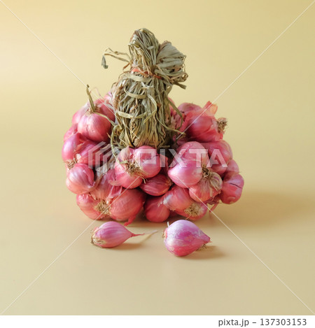 Fresh shallots on color background.Spiced vegetables. Fresh shallots on color background.Spiced vegetables. 137303153