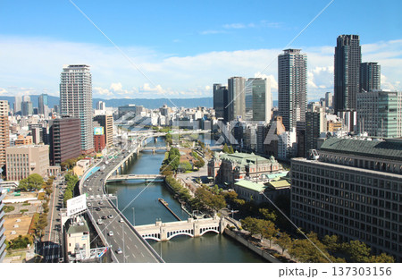 淀屋橋から土佐堀川 大阪市役所 中の島公会堂 中の島図書館を高所から見る 淀屋橋から土佐堀川 大阪市役所 中の島公会堂 中の島図書館を高所から見る 137303156