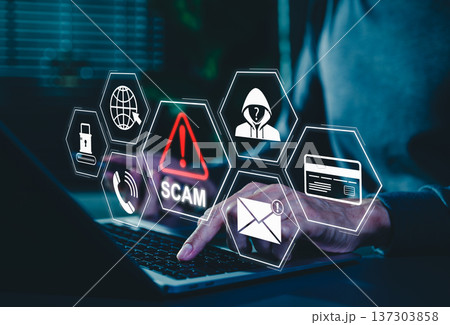 Scam Alert Warning with Cybersecurity Icons. Man holding smartphone while using laptop, warning sign for scams with icons online threats, phishing, cybersecurity, Unknown person, suspicious scammer, Scam Alert Warning with Cybersecurity Icons. Man holding smartphone while using laptop, warning sign for scams with icons online threats, phishing, cybersecurity, Unknown person, suspicious scammer, 137303858
