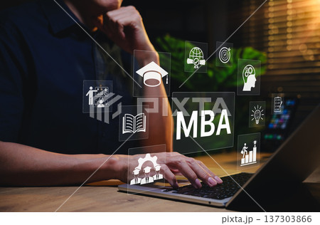 MBA program concept. Master of Business Administration. Businessman using laptop with business learning icons, education, leadership, global management, online degree, skills, growth, academic success MBA program concept. Master of Business Administration. Businessman using laptop with business learning icons, education, leadership, global management, online degree, skills, growth, academic success 137303866