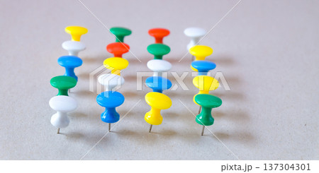 Push pin set or Colorful thumbtacks collection on paer. 137304301