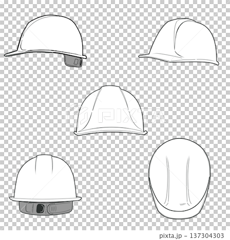 Construction helmet illustration (front, side, back, 5-piece set) black and white Construction helmet illustration (front, side, back, 5-piece set) black and white 137304303