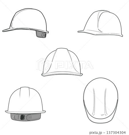 工事用ヘルメットのイラスト(正面・横・後ろ 5点セット)白黒 工事用ヘルメットのイラスト(正面・横・後ろ 5点セット)白黒 137304304