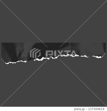 Black crumpled torn paper strip, torn sheet of paper fragment, vector realistic wrinkled scrap with straight upper edge Black crumpled torn paper strip, torn sheet of paper fragment, vector realistic wrinkled scrap with straight upper edge 137304619