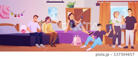 Students party in dormitory or hostel bedroom, cartoon young friend company meeting with drinks vector flat illustration 137304657