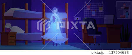 Dormitory or hostel interior bedroom in darkness with the ghost of a young woman with a bloody wound cartoon vector 137304658