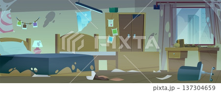 Destroyed and abandoned interior of dormitory bedroom, broken furniture wardrobe, table, beds and armchair flat vector Destroyed and abandoned interior of dormitory bedroom, broken furniture wardrobe, table, beds and armchair flat vector 137304659