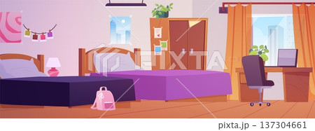 A room interior during the day with two beds, a wardrobe, a window, a desk, and a backpack. 137304661
