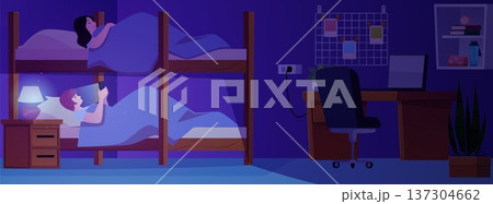A bedroom at night with a bunk bed, sleeping characters, a desk, a chair, and a nightstand. A bedroom at night with a bunk bed, sleeping characters, a desk, a chair, and a nightstand. 137304662