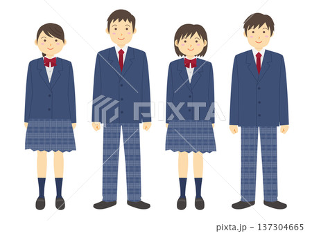ブレザーの制服を着た男女の学生のイラストのセット_4人_紺 137304665
