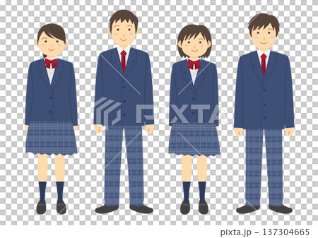 ブレザーの制服を着た男女の学生のイラストのセット_4人_紺 137304665