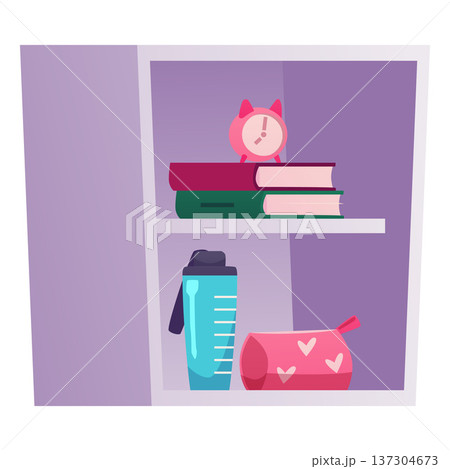 Shelf with books, water bottle, pink cosmetic bag and clock, vector flat dormitory, home room interior furniture object Shelf with books, water bottle, pink cosmetic bag and clock, vector flat dormitory, home room interior furniture object 137304673
