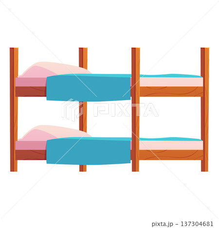 Wooden bunk bed with pillow and blue blanket, dormitory, home furniture for rest and relax vector flat illustration Wooden bunk bed with pillow and blue blanket, dormitory, home furniture for rest and relax vector flat illustration 137304681