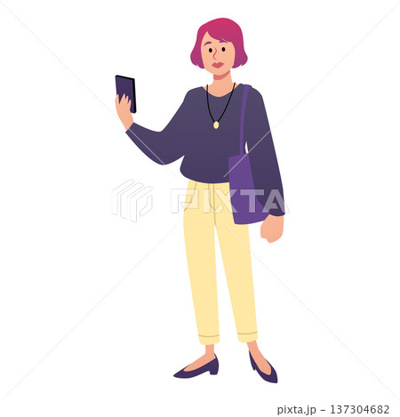 Woman with bag watching in the smartphone, vector flat businesswoman, female character using gadget digital technologies Woman with bag watching in the smartphone, vector flat businesswoman, female character using gadget digital technologies 137304682