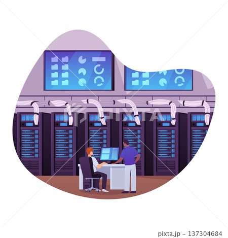 Two engineers working in a data center, isolated round frame. 137304684