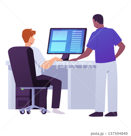 An office desk with a computer and male characters, one sitting on a chair and one standing nearby. 137304840