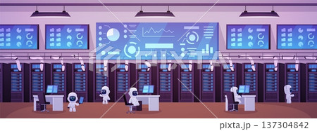 A data center with server equipment, monitors, desktops with computers and robots. A data center with server equipment, monitors, desktops with computers and robots. 137304842