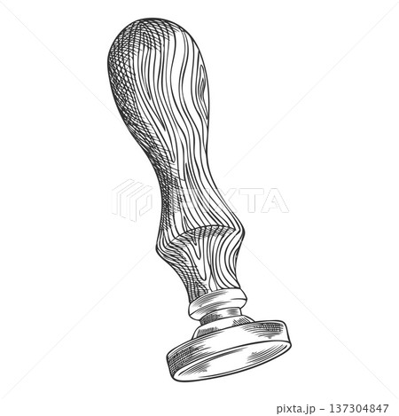 Postmark, round stamp with wooden handle vector sketch, vintage postage seal stamp for mail paper letters, documents 137304847