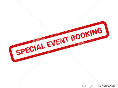 Distressed grunge textured rectangular stamp featuring bold lettering for special event booking and reservation 137305230