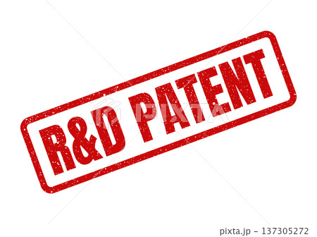 Distressed rectangular red rubber stamp showcasing R&D PATENT for intellectual property and innovation protection 137305272