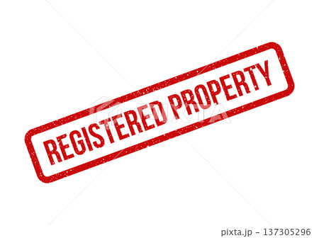 Distressed rectangular rubber stamp featuring prominent registered property text, ideal for real estate or legal ownership documents 137305296