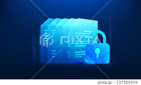 Technology background digital document file with a padlock in front, secure data storage, file encryption, information protection, cybersecurity, restricted access to confidential digital documents. Technology background digital document file with a padlock in front, secure data storage, file encryption, information protection, cybersecurity, restricted access to confidential digital documents. 137305478