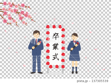 卒業式イメージした桜と立て看板と制服を着た生徒のイメージイラスト 137305539