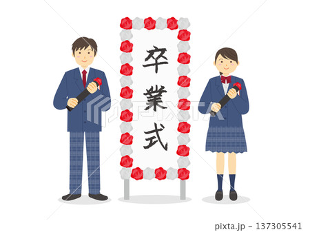 卒業式イメージした高校生と看板のイメージイラスト 卒業式イメージした高校生と看板のイメージイラスト 137305541