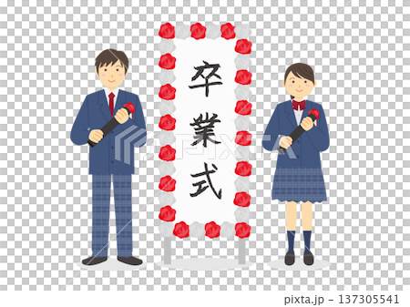 卒業式イメージした高校生と看板のイメージイラスト 卒業式イメージした高校生と看板のイメージイラスト 137305541