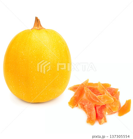 Whole yellow pumpkin and dried pumpkin slices on white background. Whole yellow pumpkin and dried pumpkin slices on white background. 137305554