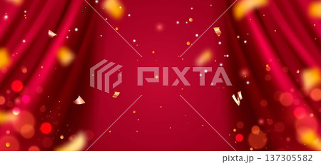 Opened red velvet curtain with golden confetti 137305582