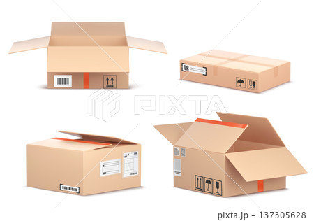 Realistic 3D cardboard open box mockup, red tape Realistic 3D cardboard open box mockup, red tape 137305628