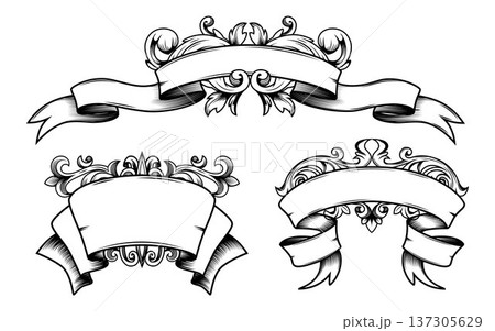 Ribbon banners set with baroque flourish elements 137305629