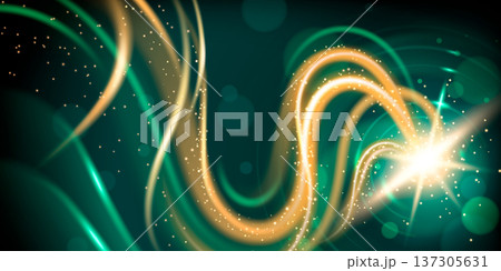 Green abstract bg golden curves and glowing sparks Green abstract bg golden curves and glowing sparks 137305631