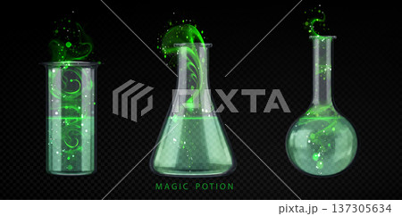 Magical potion elixir bottle, glowing green swirls Magical potion elixir bottle, glowing green swirls 137305634