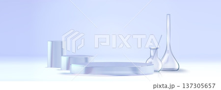 Laboratory glassware set and round podium realisti 137305657