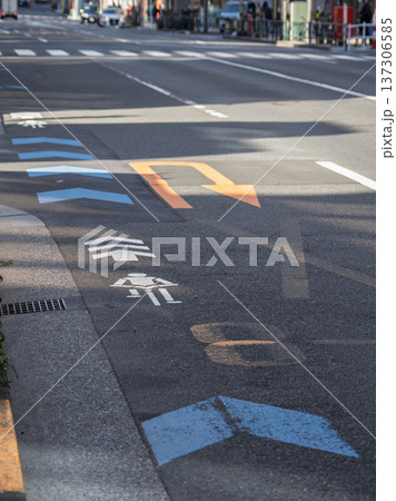 車道の左端に設置された自転車ナビマーク（白色）と自転車ナビライン（青色） 137306585