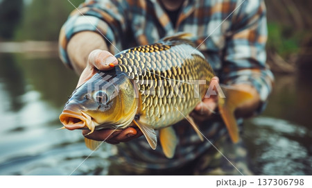 Fisherman holds common carp. Successful fishing day. Mirror carp fishing, freshwater fishing. 137306798