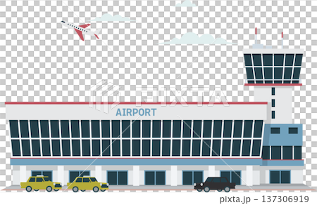 Airport building exterior and flying airplane illustration 137306919