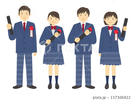 卒業式をイメージした卒業証書を持つ制服を着た学生のイラストのセット_紺 卒業式をイメージした卒業証書を持つ制服を着た学生のイラストのセット_紺 137306922