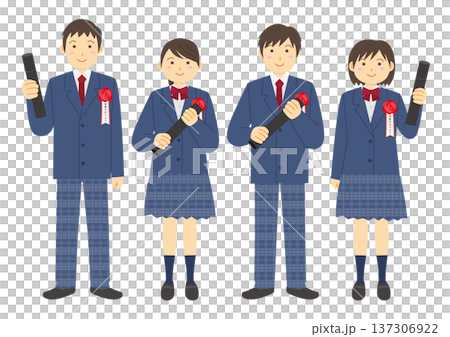 卒業式をイメージした卒業証書を持つ制服を着た学生のイラストのセット_紺 卒業式をイメージした卒業証書を持つ制服を着た学生のイラストのセット_紺 137306922