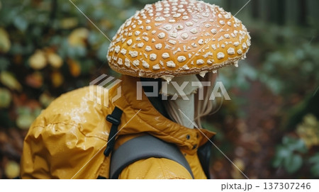 Young Woman in a Yellow Raincoat Explores the Forest with a Large Mushroom on Her Head 137307246