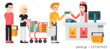 Supermarket cashier people queue. Grocery shopping line 137307425
