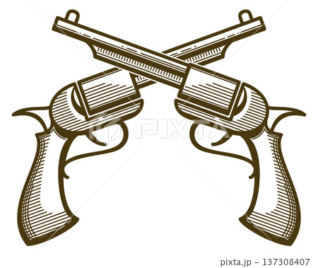 Crossed revolvers engraving. Retro handgun weapon emblem Crossed revolvers engraving. Retro handgun weapon emblem 137308407