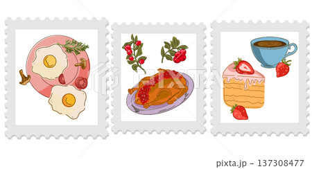 Three cute and cozy stamps with food illustrations, bright and juicy colors, naive style of execution. Appetizing drawings. Groomed elements, set. Three cute and cozy stamps with food illustrations, bright and juicy colors, naive style of execution. Appetizing drawings. Groomed elements, set. 137308477