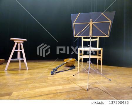 A handcrafted calascione, a traditional Neapolitan instrument, placed on the stage floor. A handcrafted calascione, a traditional Neapolitan instrument, placed on the stage floor. 137308486