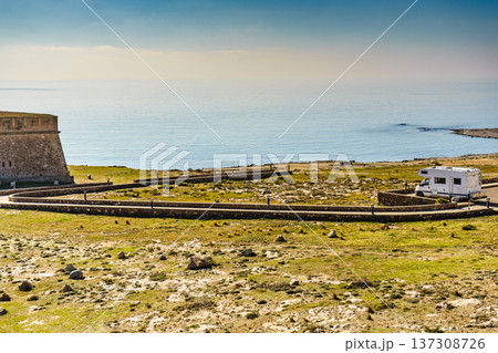 Coast view with caravan at guards castle, Almeria Spain Coast view with caravan at guards castle, Almeria Spain 137308726