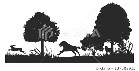 Woodland trees with animal silhouettes. Wildlife black background Woodland trees with animal silhouettes. Wildlife black background 137308913