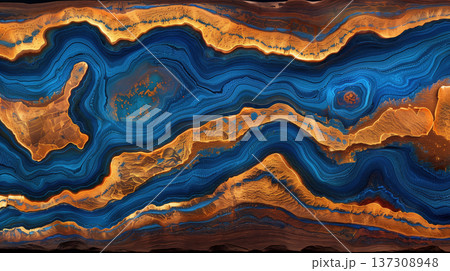 Vibrant blue and gold marble with unique wave-like patterns 137308948