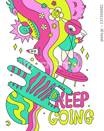 Trippy neon poster template with UFO, alien spaceship and psychedelic rainbow. Retro groovy print with 70s-90s art of space ship, animal, flowers, planets and stars, vector hand drawn illustration. 137308982